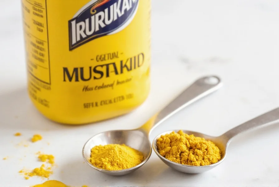 Close-up of yellow mustard bottle next to measuring spoons showing substitution ratio for mustard powder replacement