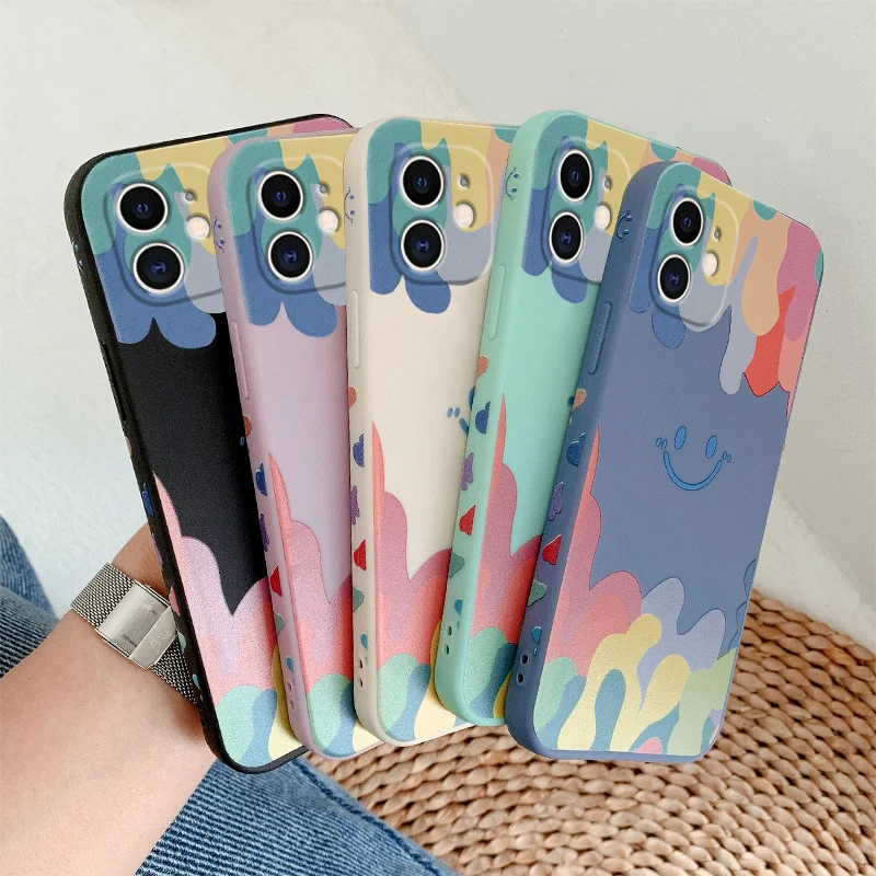 

Cute Square Cartoon Side Painting Smile TPU Phone Case For iPhone 13 12 Pro Max Mini Camera Lens Protection Case, Mix