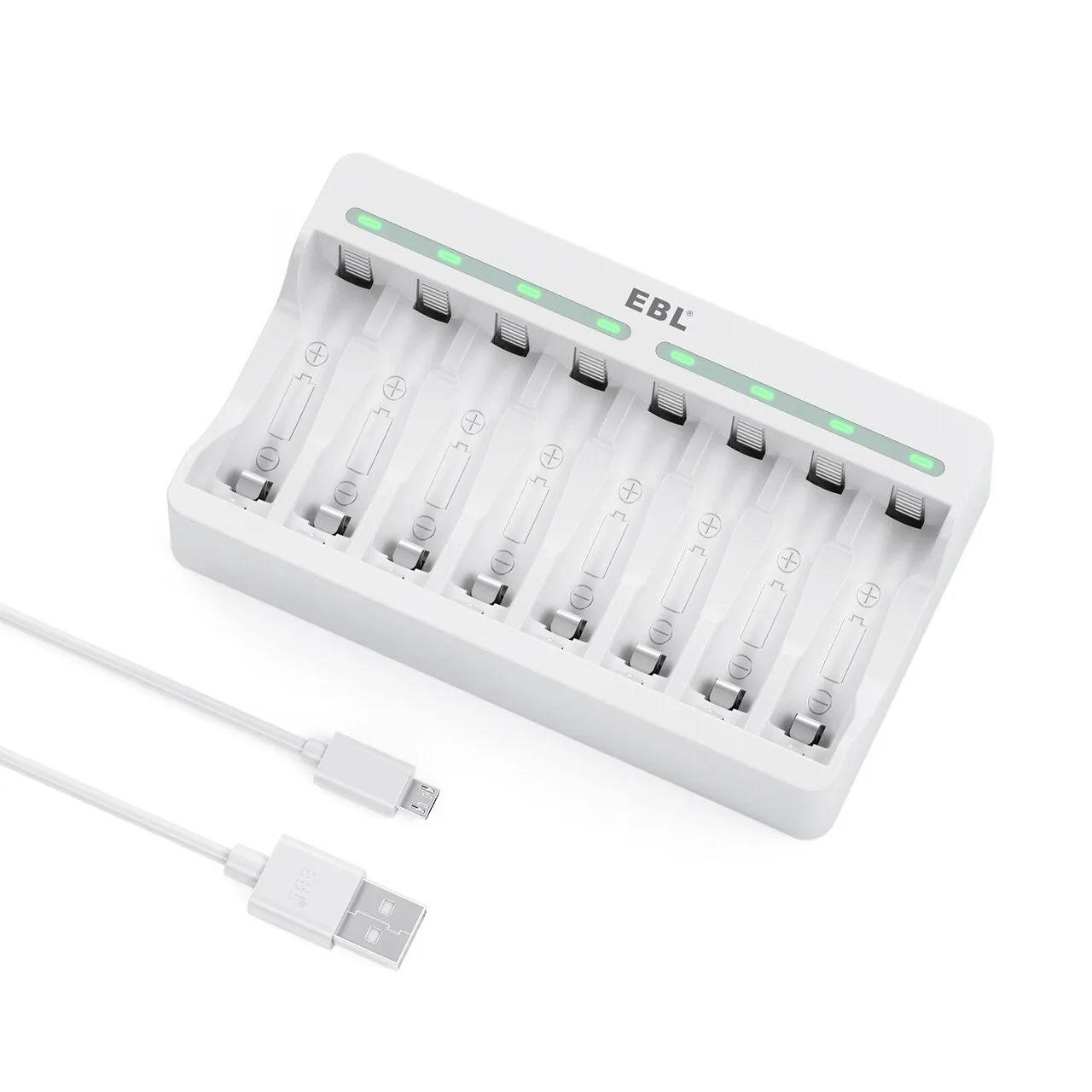 

EBL New 8slots individual Smart AA/AAA Battery Charger with 5V 2A Fast Charging for Rechargeable Batteries, White