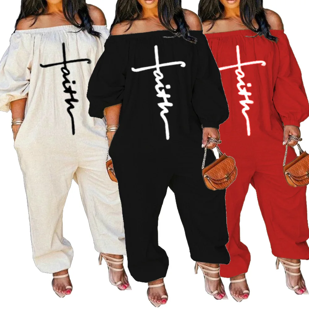 

One Shoulder Ladies Knit Playsuit Faith Letter Embroidered Long Sleeve Fashion Loose Pocket Rompers Women Jumpsuit, Picture color