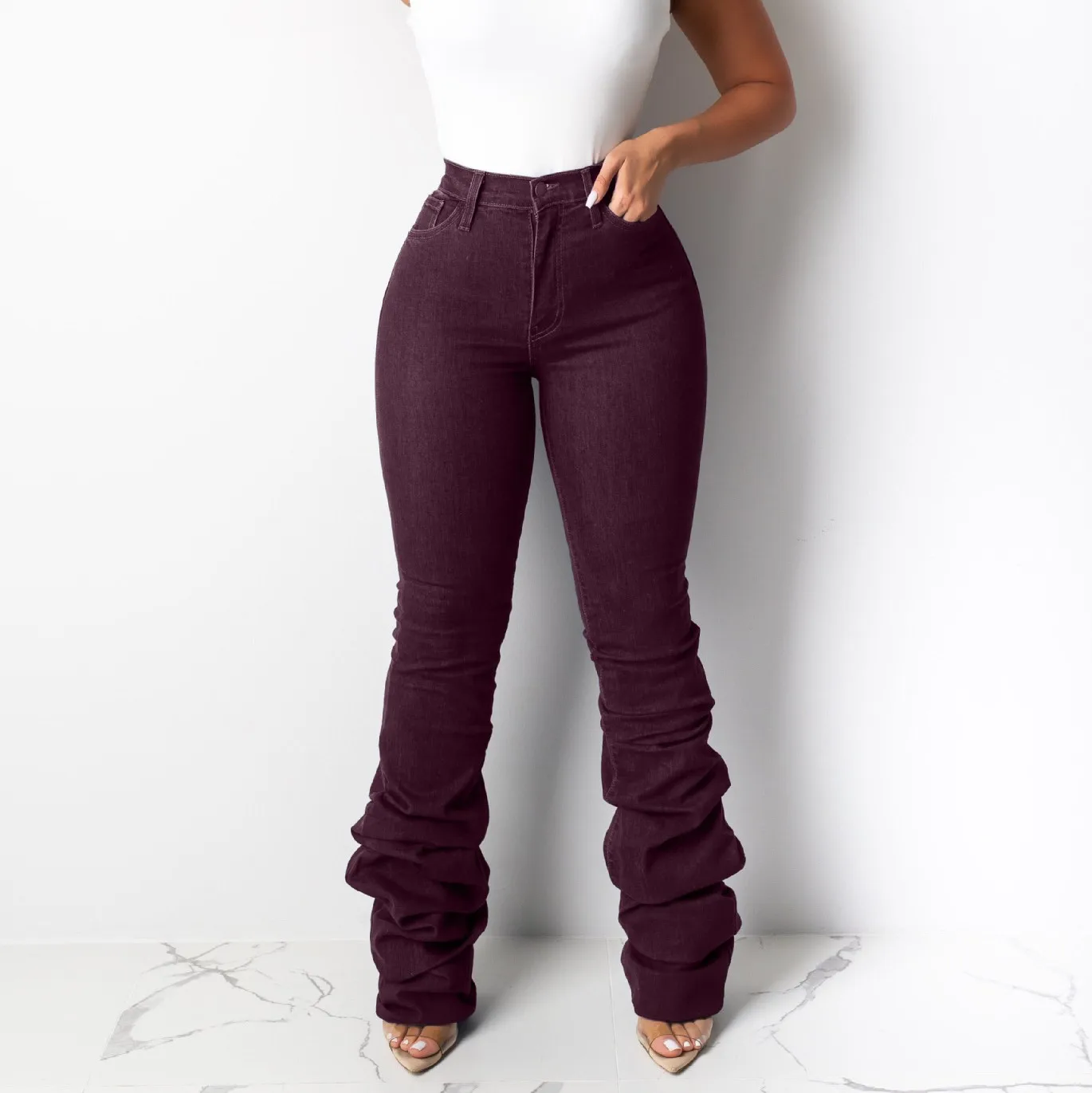 

Classic High Waist Pleated Women's Fashion Little Flared Bell Bottoms Denim Stacked Pants Skinny Jeans Pants Trousers For Ladies, Blue,black,green,wine red,light blue,army green