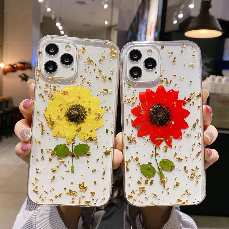 

Popular Gold Foil Real Dried Sunflower Phone Case for iPhone 12 Pro Max Phone Case