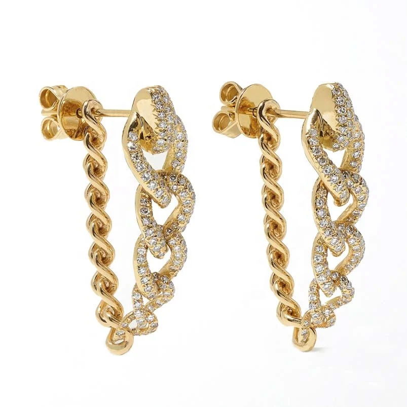 

Gemnel hand-craft 18K gold convertible left undone to hang freely with shimmering diamonds heavy curb link chain earring