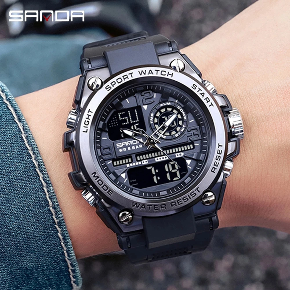 

Sanda 6024 Top Brand Digital Men Watch Fashion Military Sport Quartz Watches G Style Silicone Strap 5 ATM