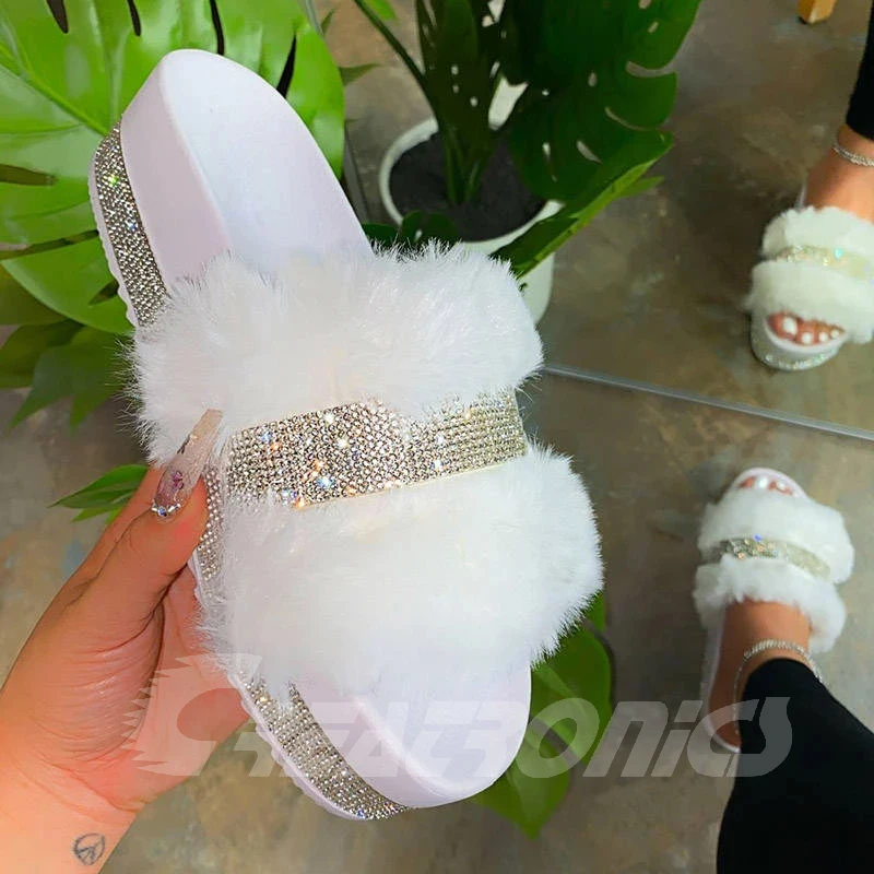 

China wholesale crystal sparkly bling glitter rhinestone slippers for women fluffy sandals platform fur slides, Black, white, pink