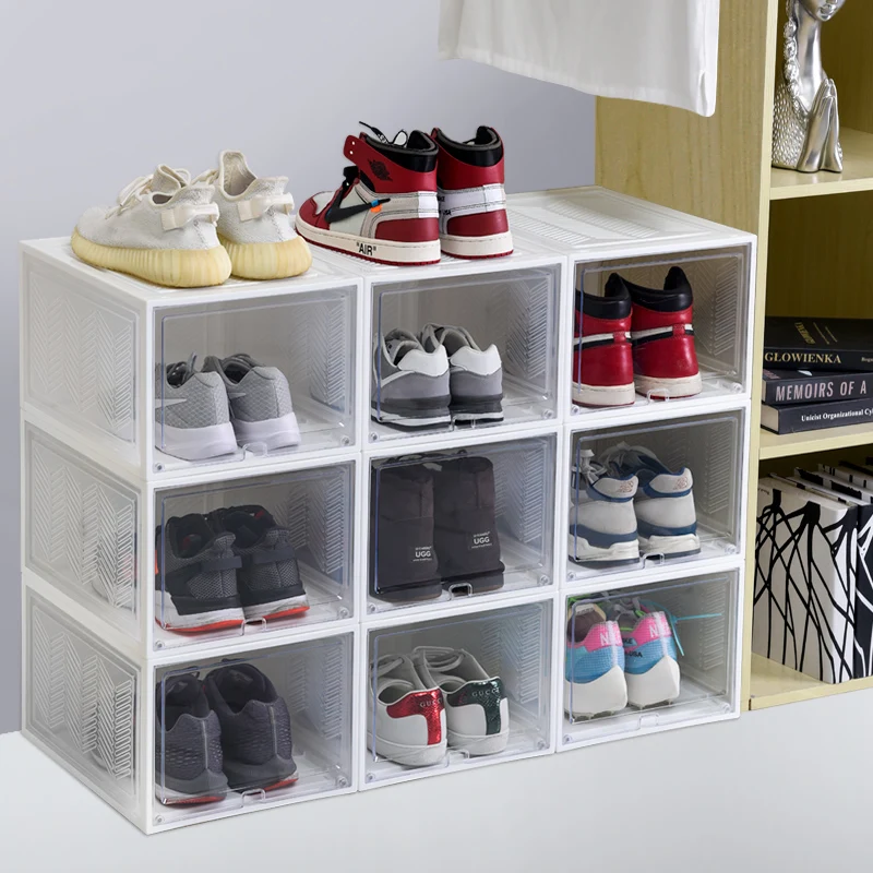 

Haixin Hot Sale Drop Front Clear Sneaker Storage Box Acrylic Transparent Magnetic Plastic Sneaker Box stackable custom shoe box, White