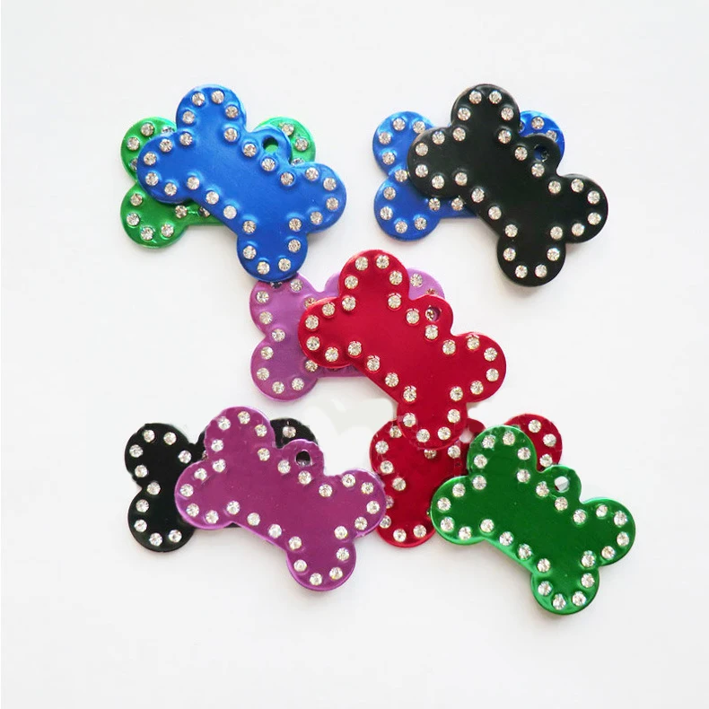 

Manufacturer wholesale custom logo bone shape pet dog ID tag with diamond, Blue,red,green,black,purple
