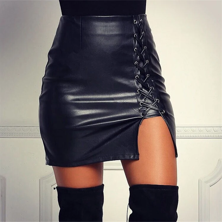 OEM Wholesale Black Sexy Short Wrap Skirt Mini Leather Skirts With Zipper