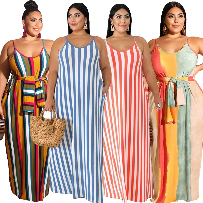 

jofz2007 5XL Plus Size Women Clothing Dress Sleeveless Stripe Maxi Dress, Black , red