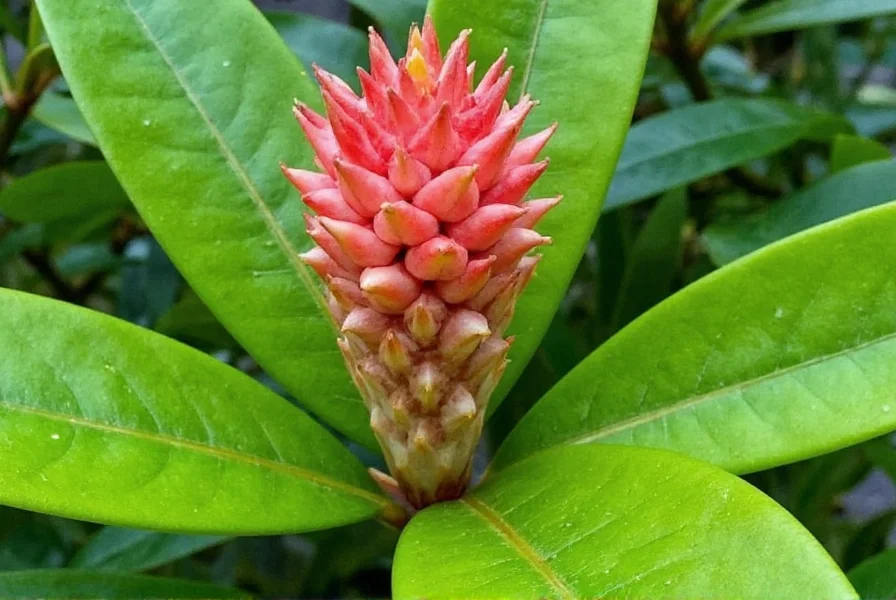 Shell ginger plant in garden setting showing full height, leaf structure, and flower clusters with gardener for scale