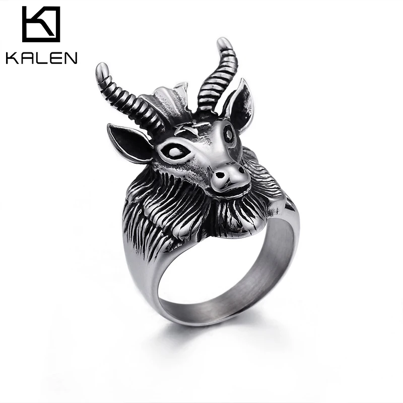 

KALEN Vintage Jewelry Domineering Satan Goat Sheep Animal Head Biker Ring Stainless Steel Rings For Men, Silver