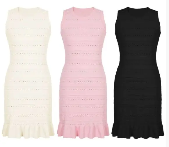 Hollow Lace Waist Sleeveless Knitted Ruffled Hem Dress