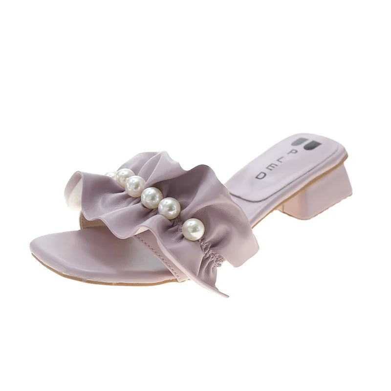 

2021 new fashion women's customized slippers delicate pearl mid-heel slippers, Picture