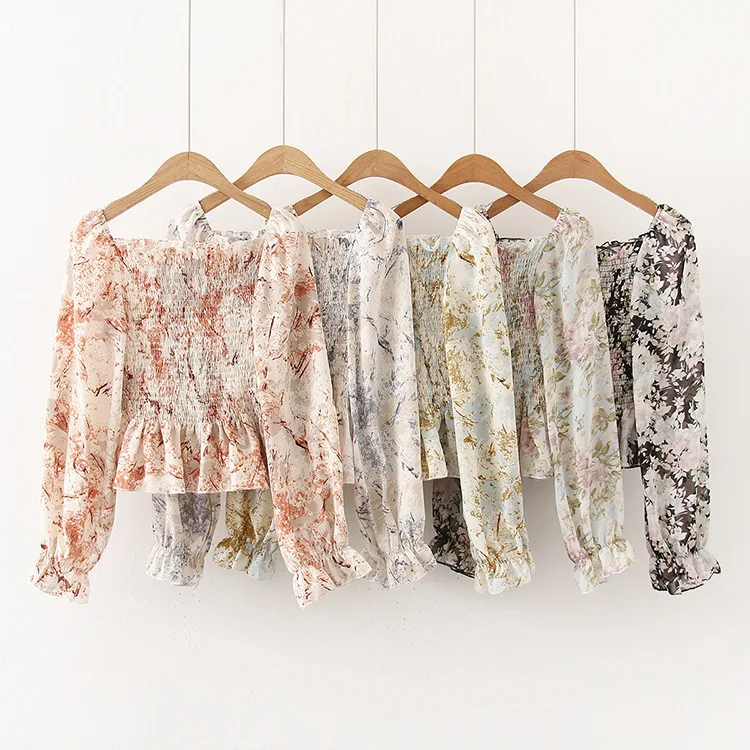

2021 Coldker New Summer Floral Printing Chiffon Cropped Tops France Style Ladies Slim Blouse Long Sleeve Casual Shirt, Picture color