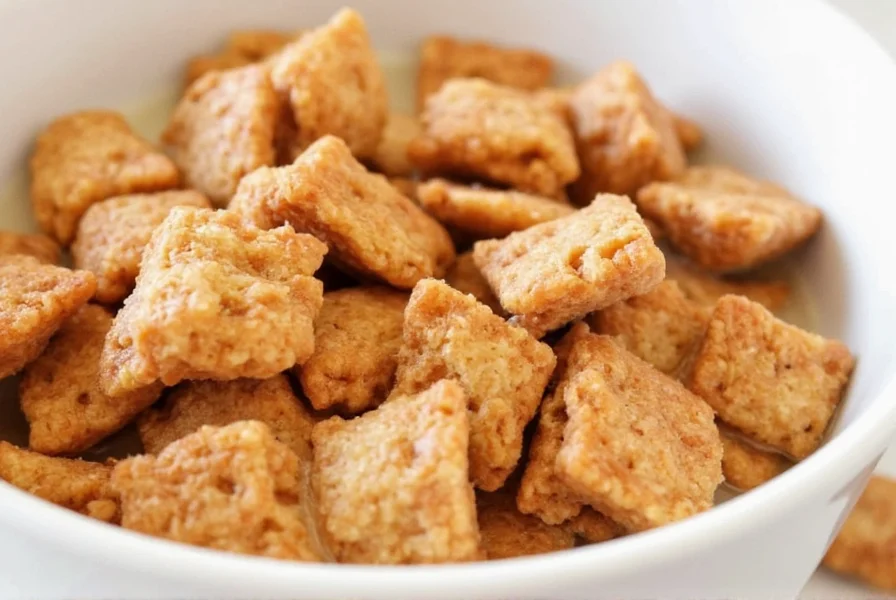 Close-up photograph of Cinnamon French Toast Crunch cereal in a white bowl with milk showing the distinctive square pieces and cinnamon coating
