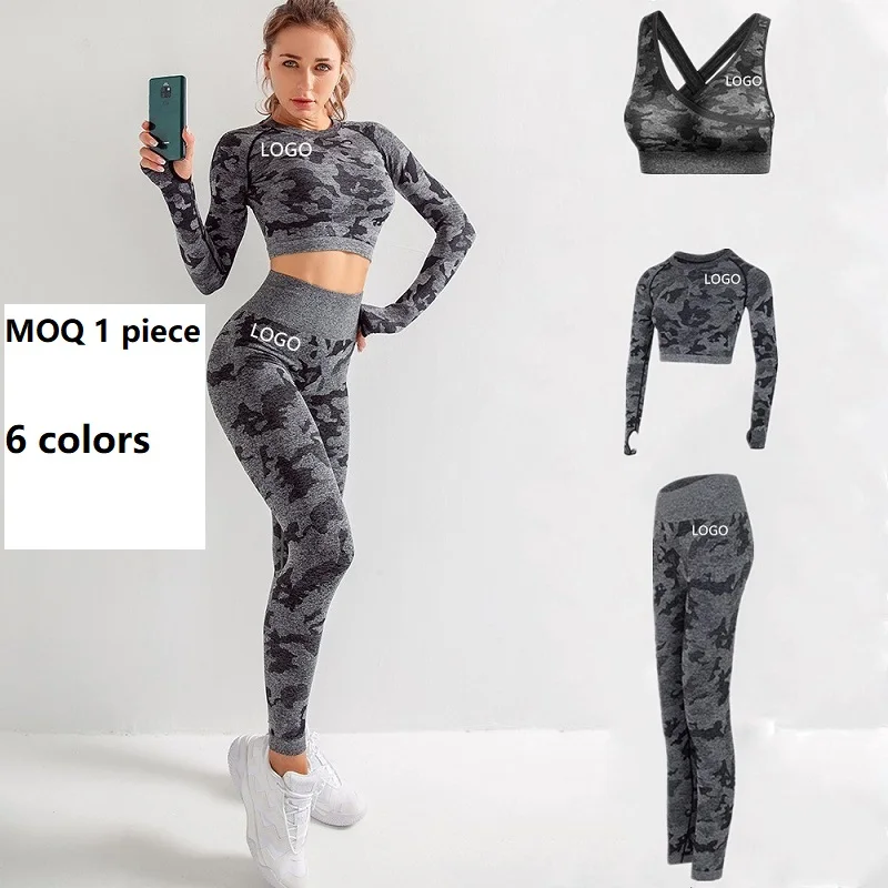 

Long sleeve Seamless Set Camo Fitness Clothing Custom Logo MOQ 1piece Women Sportswear Camouflage Tops Pants Bra, Black, purple, green