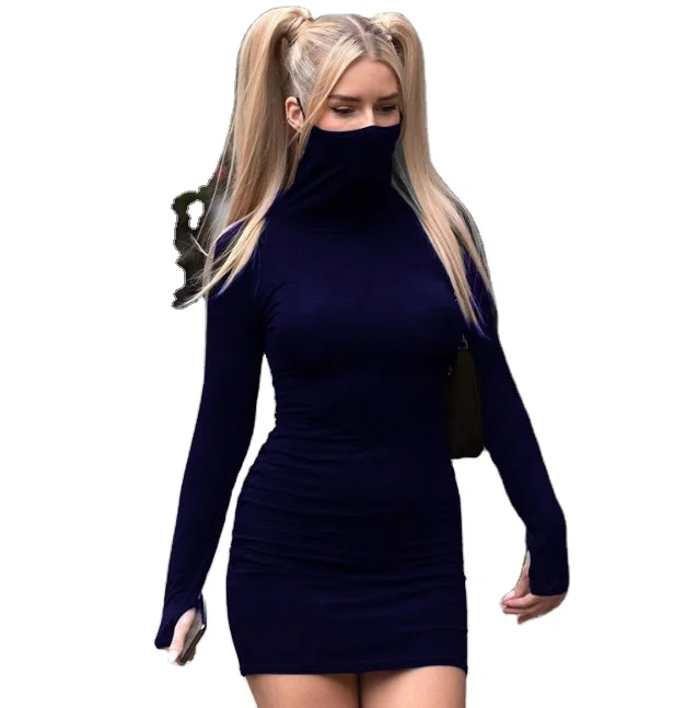 

Autumn and Winter Long-sleeved Black Sexy Dress High Neck Dress with Mask