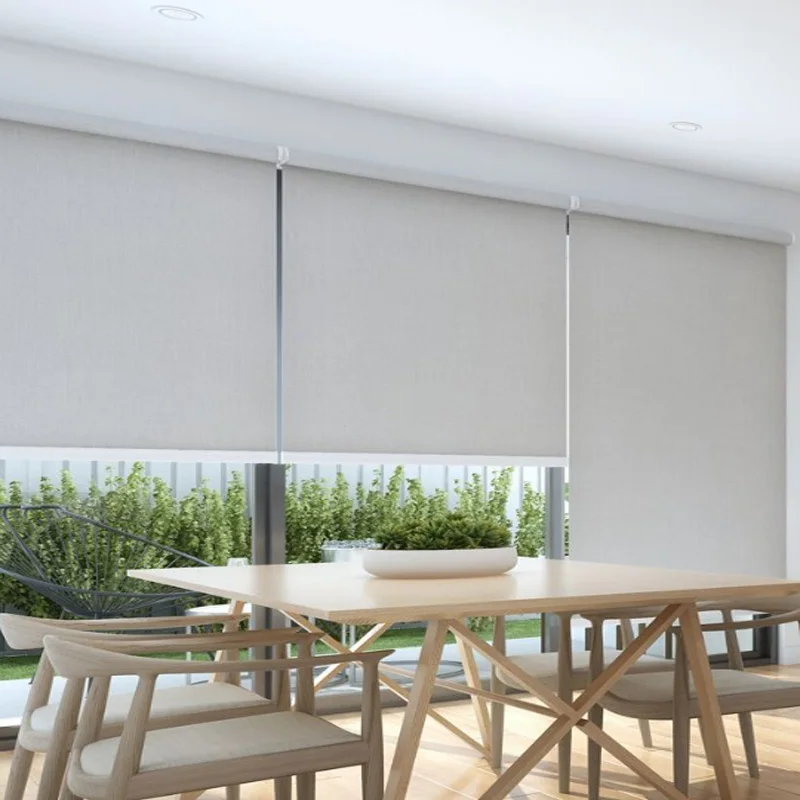 ZSTARR Outdoor Home Use Sun Pinhole Polyester Horizontal Light Filtering Pattern Electric Roller Shades Blinds for French Window