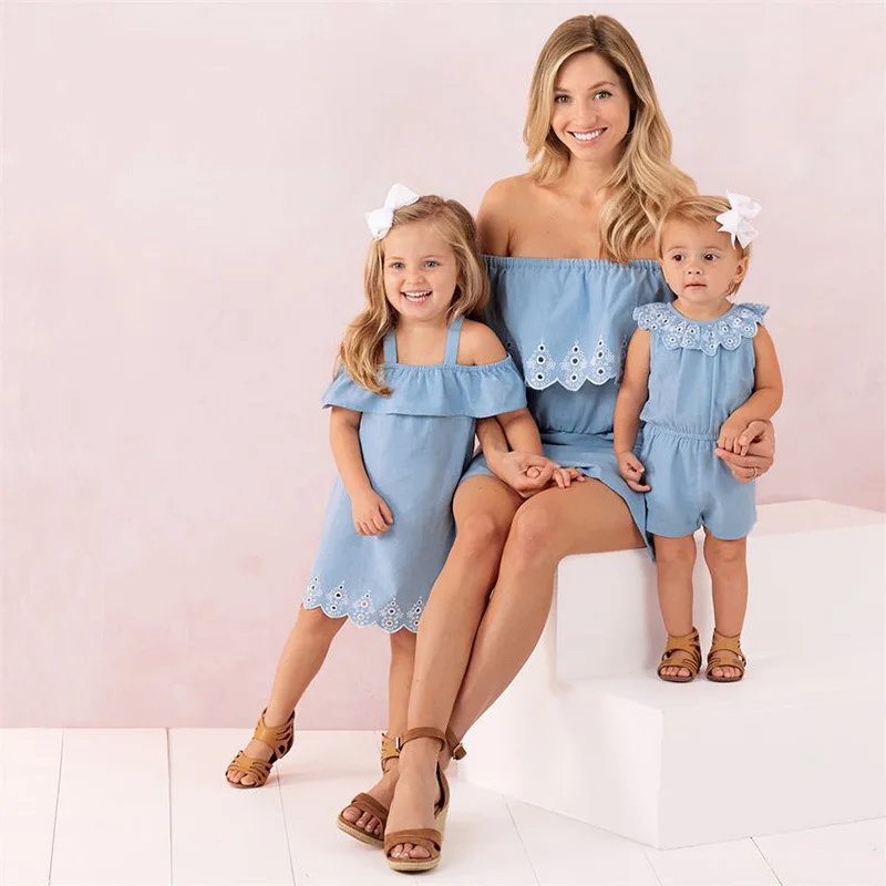 

Parent child outfit boat shoulder denim embroidery mother and daughter jumpsuit