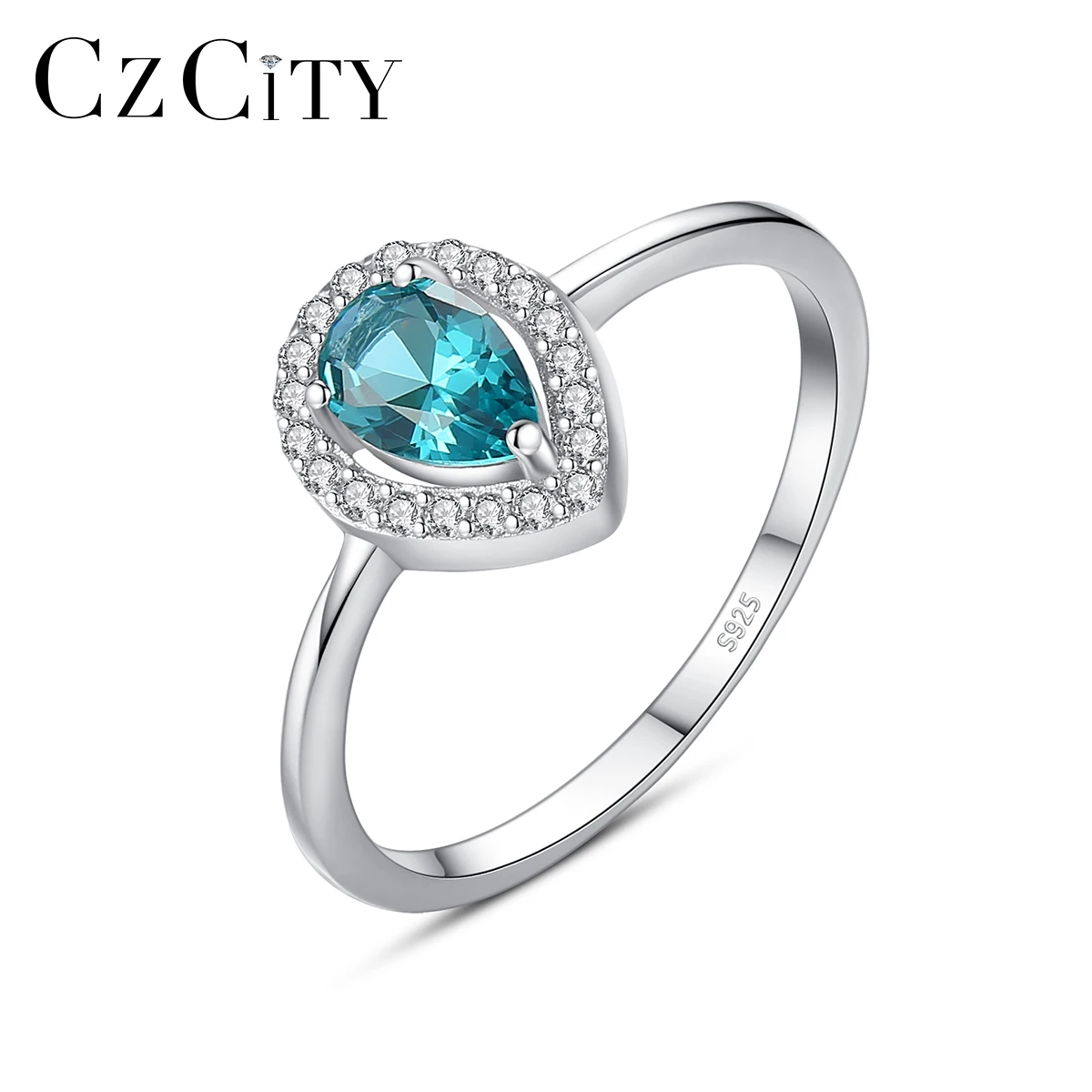 

CZCITY 925 Sterling Silver Trending Gem Wedding Bands Rings Water Topaz Drop Main Stone Ring