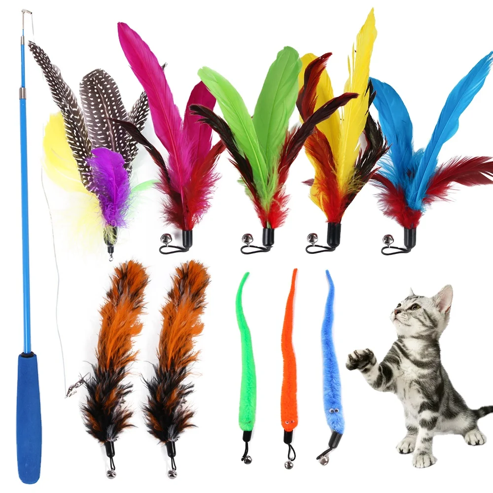 

11 PCS Replacement Cat Feather Toy Set, Cat Feather Teaser Wand Toy Cat Feather Toy