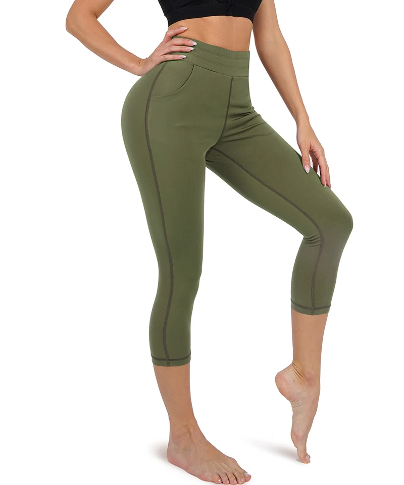 

Women Capris Leggings High Elastic Sweat Absorbent Solid Color Sports Yoga Pants with Pockets