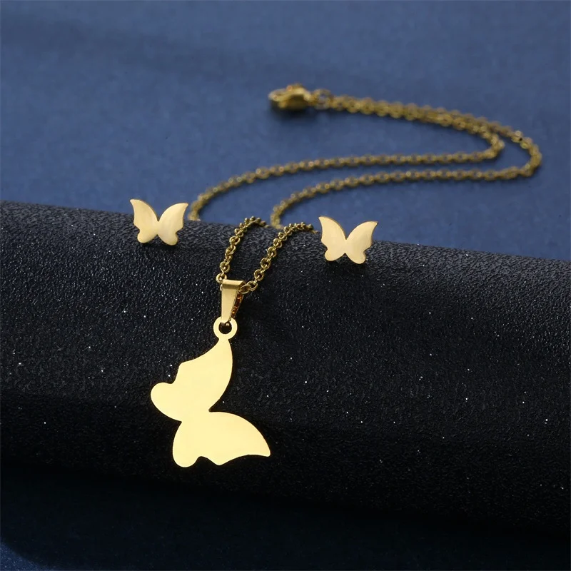 

Fashion jewelry set girls flower butterfly pendant necklace gold color earring set