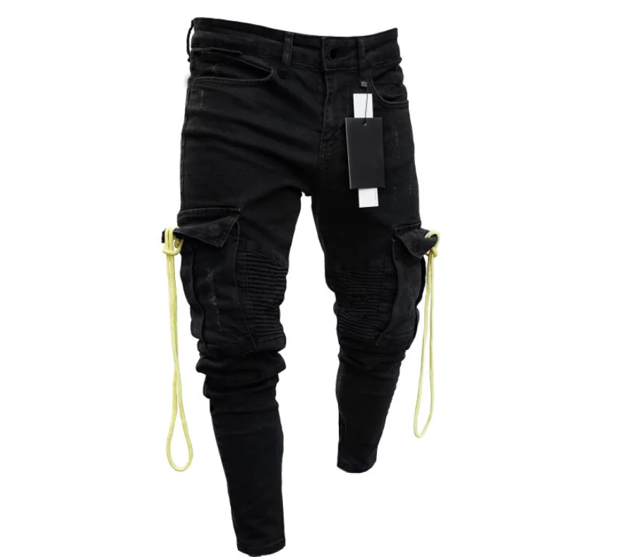 

2019 Men Streetwear Ripped Jeans New Style Hip Hop Fit Men's Cargo Bike Jeans Trousers