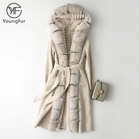 

Double Side Real Fox Fur Collar Double Face Korean 100% Cashmere Wool Coat 2019 Fashion Ladies Long Winter Wool Coat Women Coat