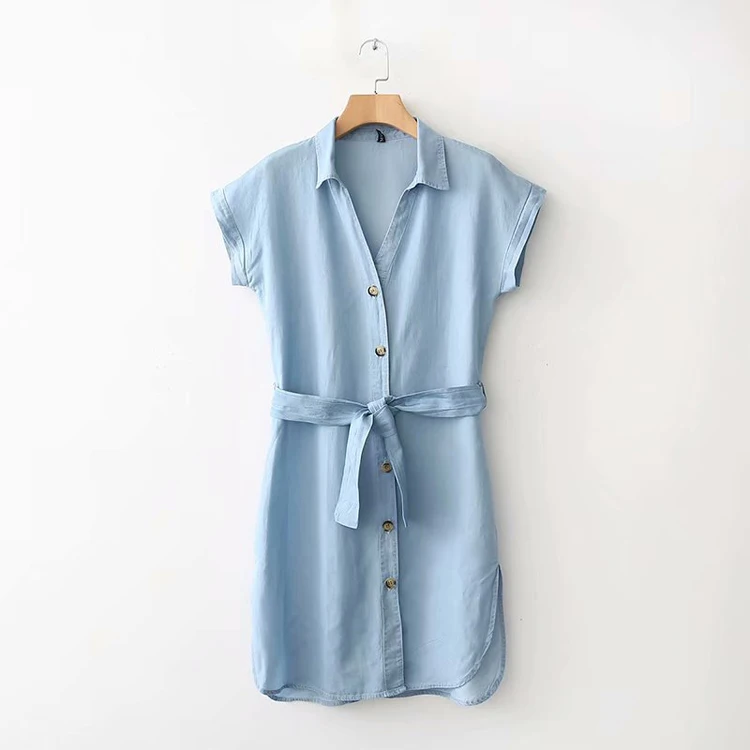

Professional supplier custom long light blue denim dress with belt