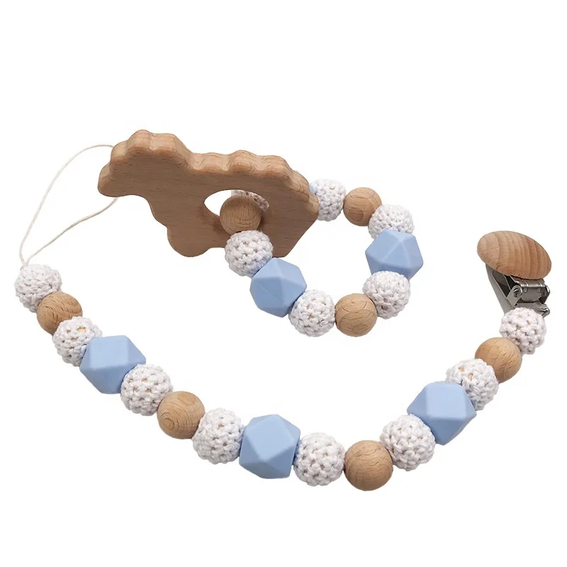 

Eco friendly baby dummy chain teether holder silicone feeding teething wood crochet bead wood pacifier clip
