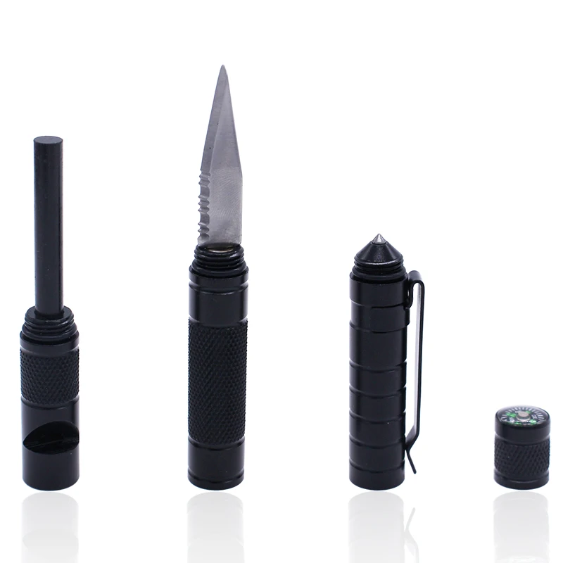 

5 in 1 Stainless Steel Self Defense Weapons Multifunction Pen with Flint Fire Starter, Black,blue