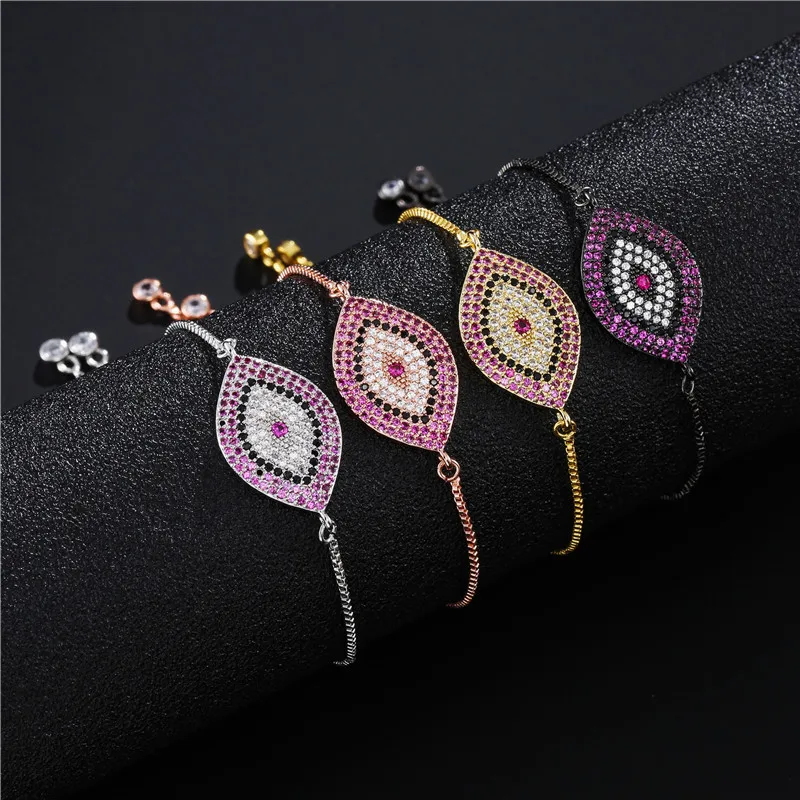 

Fashion Hot Sale 4 Colors Inlaid CZ Evil Eyes Charm Bracelet Adjustable Box Chain Cubic Zircon Devil Eyes Bracelet For Party, Gold/silver/rose gold/black