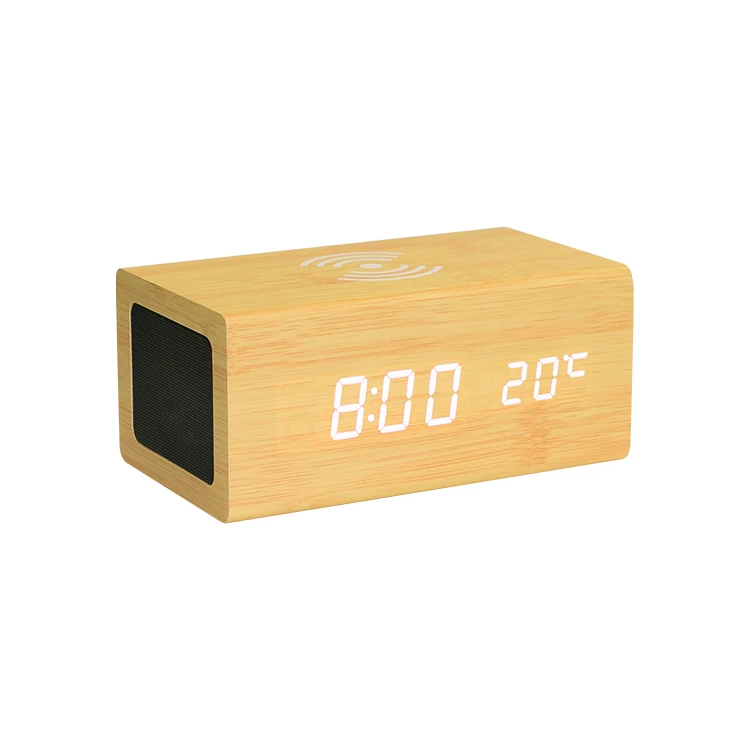 

EMAF Wooden wireless charge table LED alarm clock with bt wireless speaker