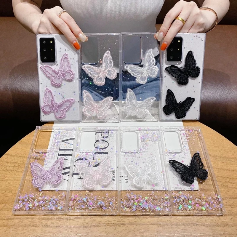 

3D Butterfly Lace Phone Case For Samsung S20 Plus Note 20 Ultra 10 S10 S10e S9 Soft TPU Star Bling Glitter Sparkle Back Cover, Pink,clear,black