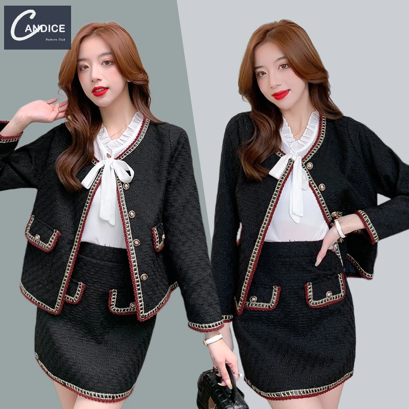 

Candice korean style elegant two piece jacket tweed set 2021 winter clothes for women