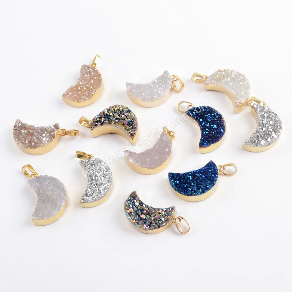 

G1721 2019 new arrivals agate pendant for jewelry making crescent moon charms silver druzy moon pendant, Silver, rainbow, blue, champagne, white