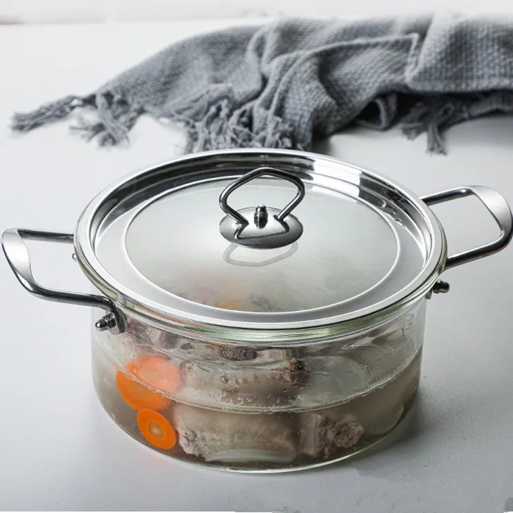 

New Design Borosilicate Clear Glass Cooking Pot Cookware Set With Stainless Steel Handles