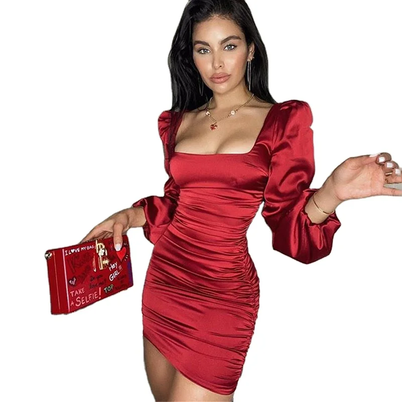 

European and American Solid Color Sexy Open Back Square Neck Long Sleeve Temperament Tight-Fitting Hip Skirt