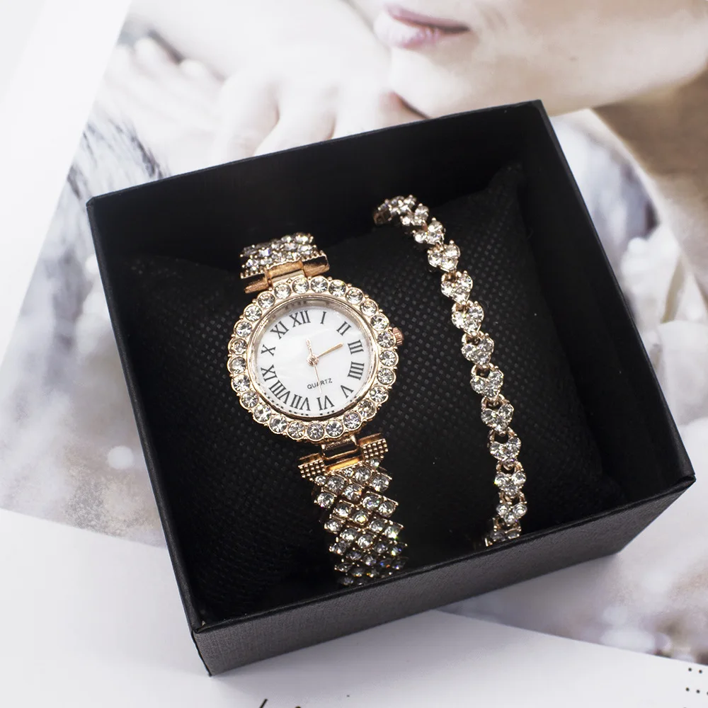 

High Quality Full Crystal Watch Bracelet Set Ladies 2 PCS Diamond Wristwatch for Women Jewelry