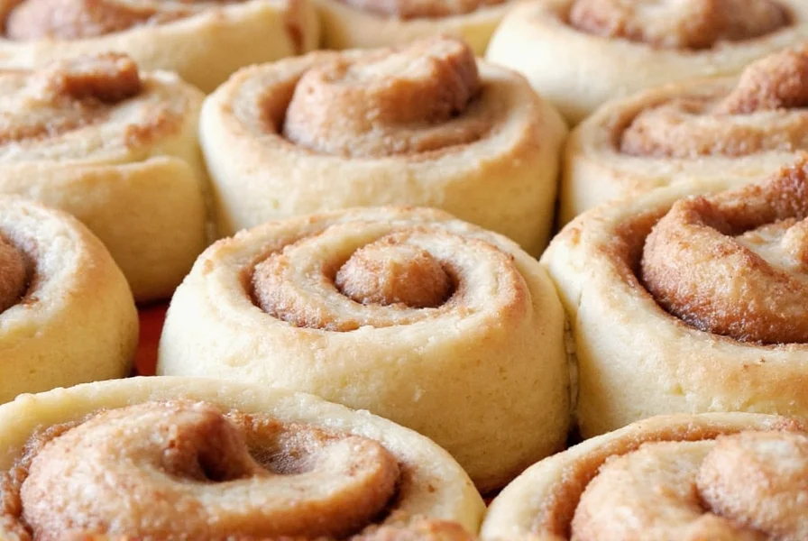 Perfectly golden cinnamon rolls fresh from air fryer with melted icing drizzled on top