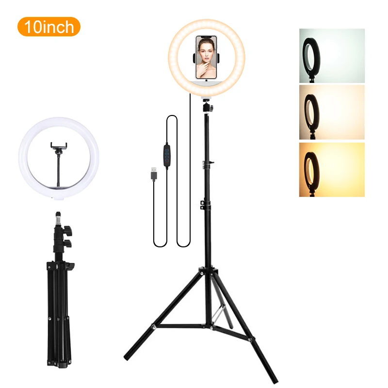 

10-inch selfie ring light with 1.6m long tripod & cell phone holder LED ring light for makeup photography YouTube Tik tok