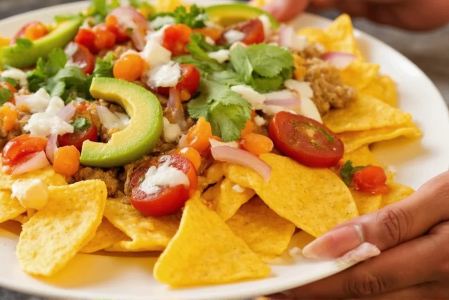 Pepper jack cheese melted over nachos with fresh toppings