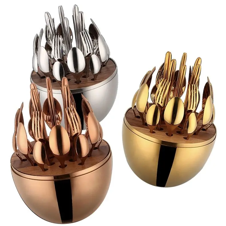 

Steel Egg Shell Cutlery Set of 24pcs Silver Gold Plated Steel Round Egg Spoon Fork Knife Egg Cutlery Flatware Set, Many colors for choosing