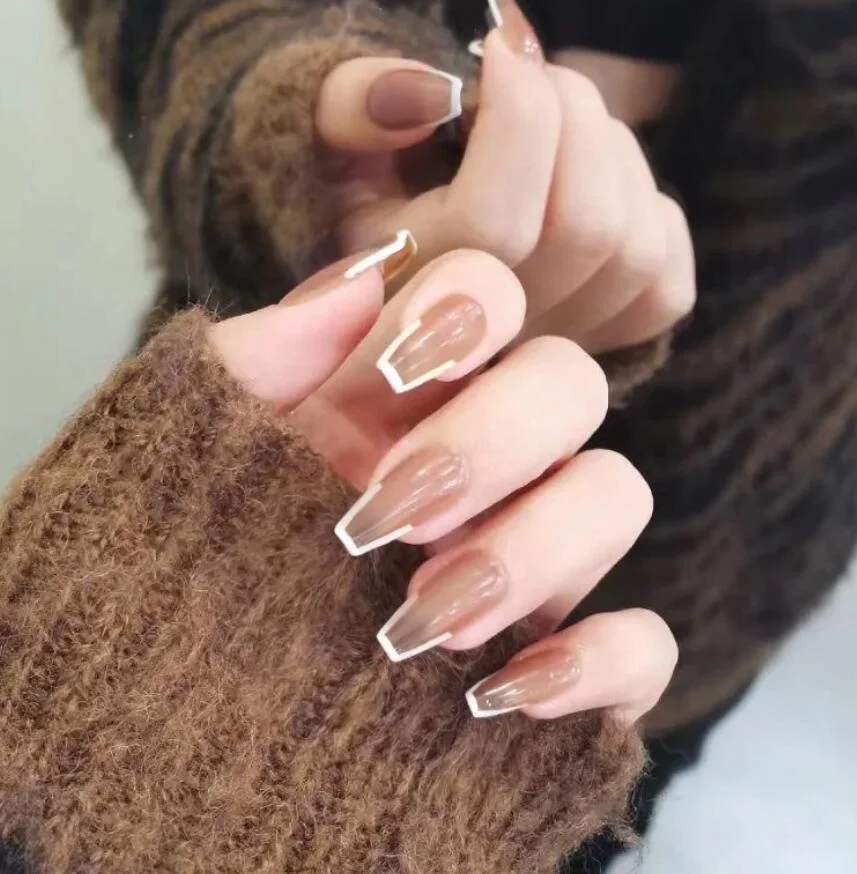 

High Quality french brown Artificial Fingernails fake Nail Tips False Ballerina false nail adhesive press on nails long coffin