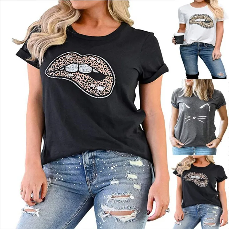 

Ecowalson 2020 Women Leopard print round neck loose printed fashion wild casual T-shirt cotton t-shirts