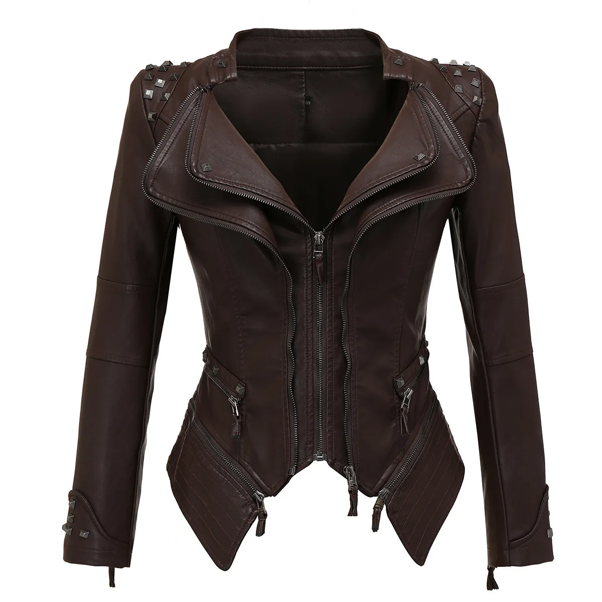 

High Quality Punk Style Coat Winter Full Sleeve Leather Jackets For Ladies Double-Layer Zippers Pockets Women Motorcycle Jacket