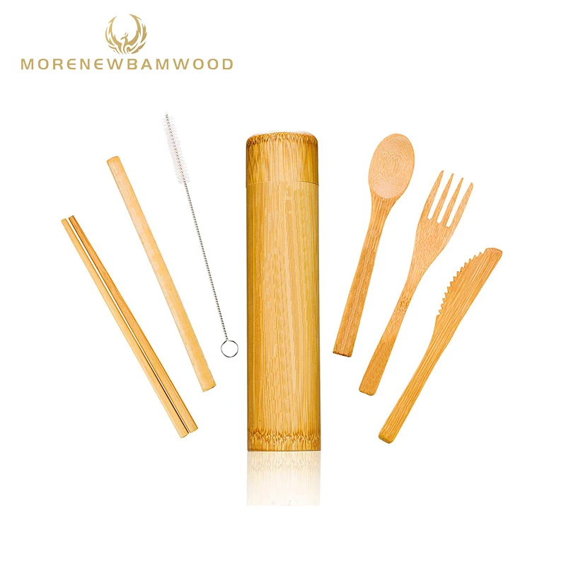 

Amazon hot sale travel portable cutlery and bamboo straw with cylinder,outdoor bamboo cutlery set