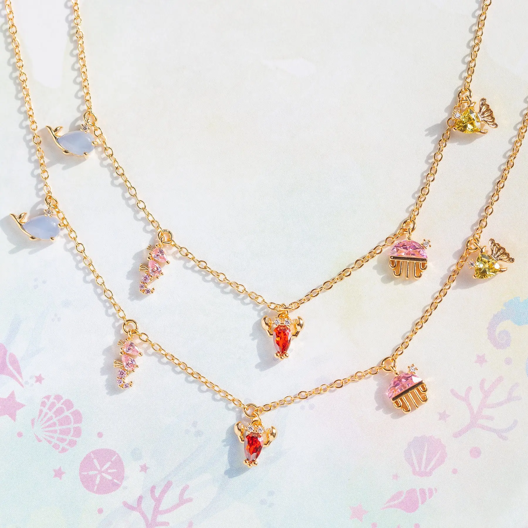 

2022 Women INS Hot New 18k PVD Gold Plated Clavicle Chain Beach Style Colorful Zircon Marine Animals Necklace, Gold /silver/rose red