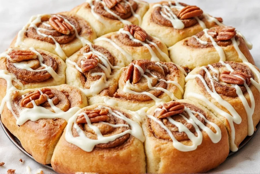 Finished Rhodes cinnamon rolls with creative toppings including cream cheese drizzle and pecan garnish